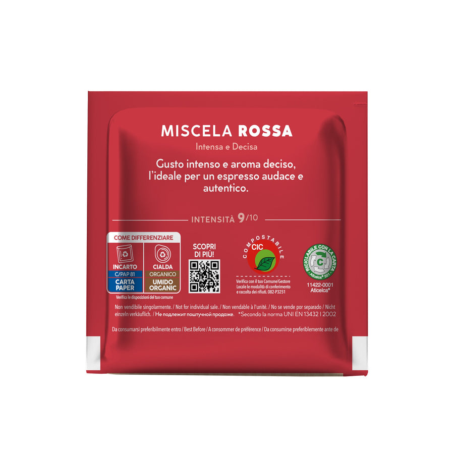 Retro della busta: Miscela Rossa, intensa e decisa, intensità 9 su 10, cialda compostabile e incarto riciclabile