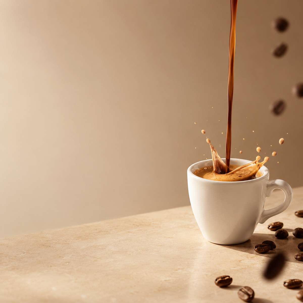 Espresso versato in tazzina con schizzo e chicchi di caffè